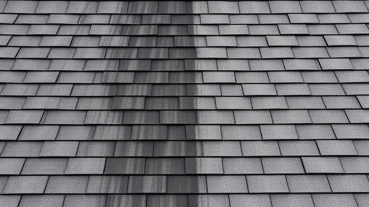 Half-cleaned asphalt shingle roof showing dark algae streaks before and after soft wash treatment