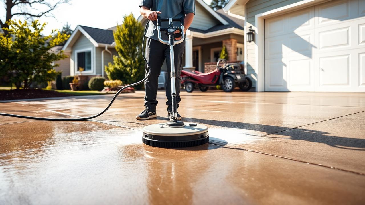 Professional surface cleaner removing dirt from a concrete driveway in Snohomish County