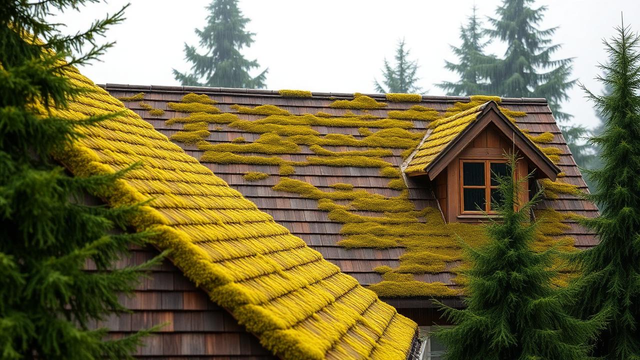 Moss-covered roof on a Marysville home in wet Pacific Northwest weather