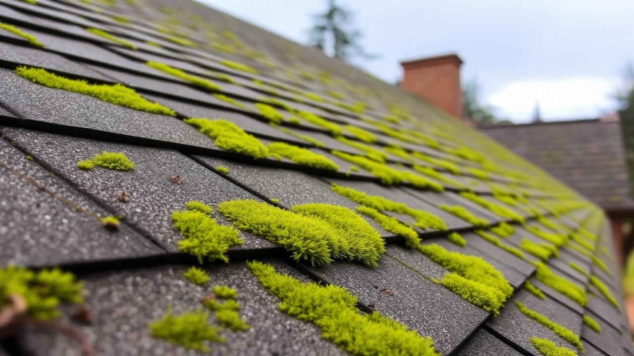 Green moss growing on asphalt shingles of a Snohomish County roof